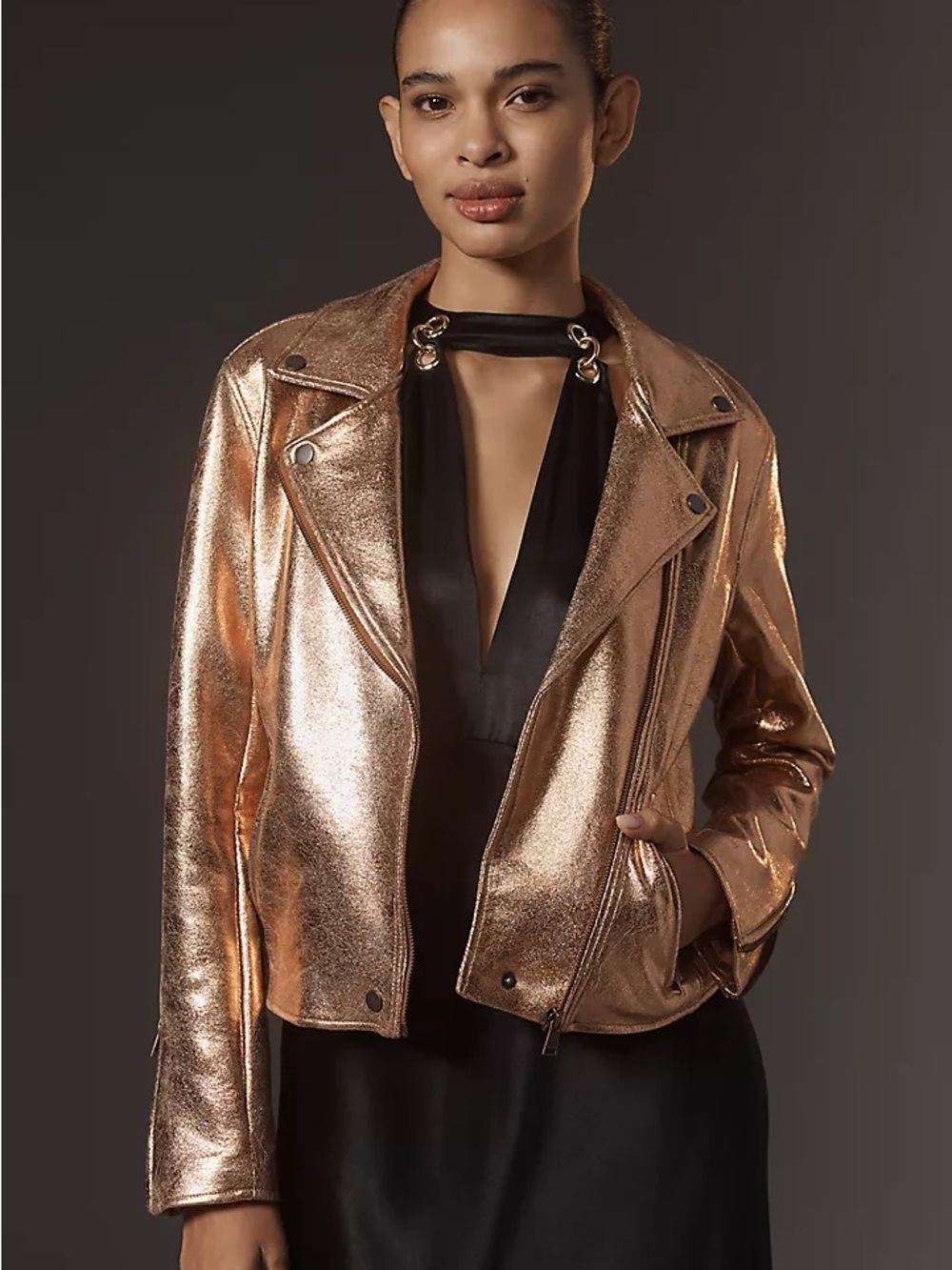 Anthropologie The Saige Metallic Faux-Leather Moto Jacket